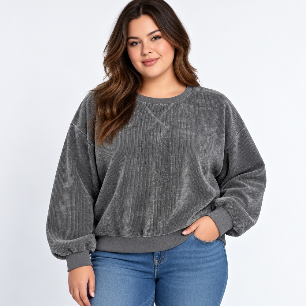 Fashion Nova Sweatshirt Women 2XL Gray Corduroy Crew Neck Ribbed Pullover
